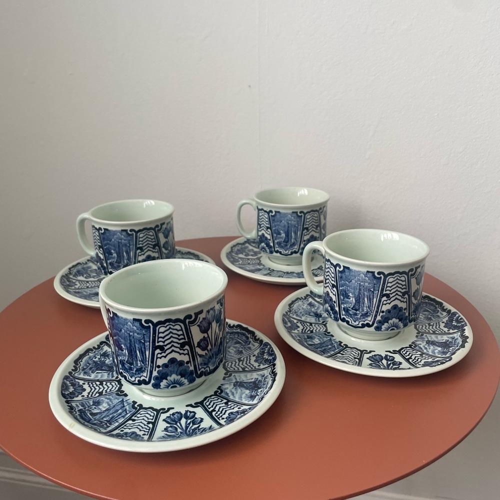 Belgian Delft Boch Old Dutch Blue & White Floral Coffee Teacups and Saucer Set - Picture 7 of 12